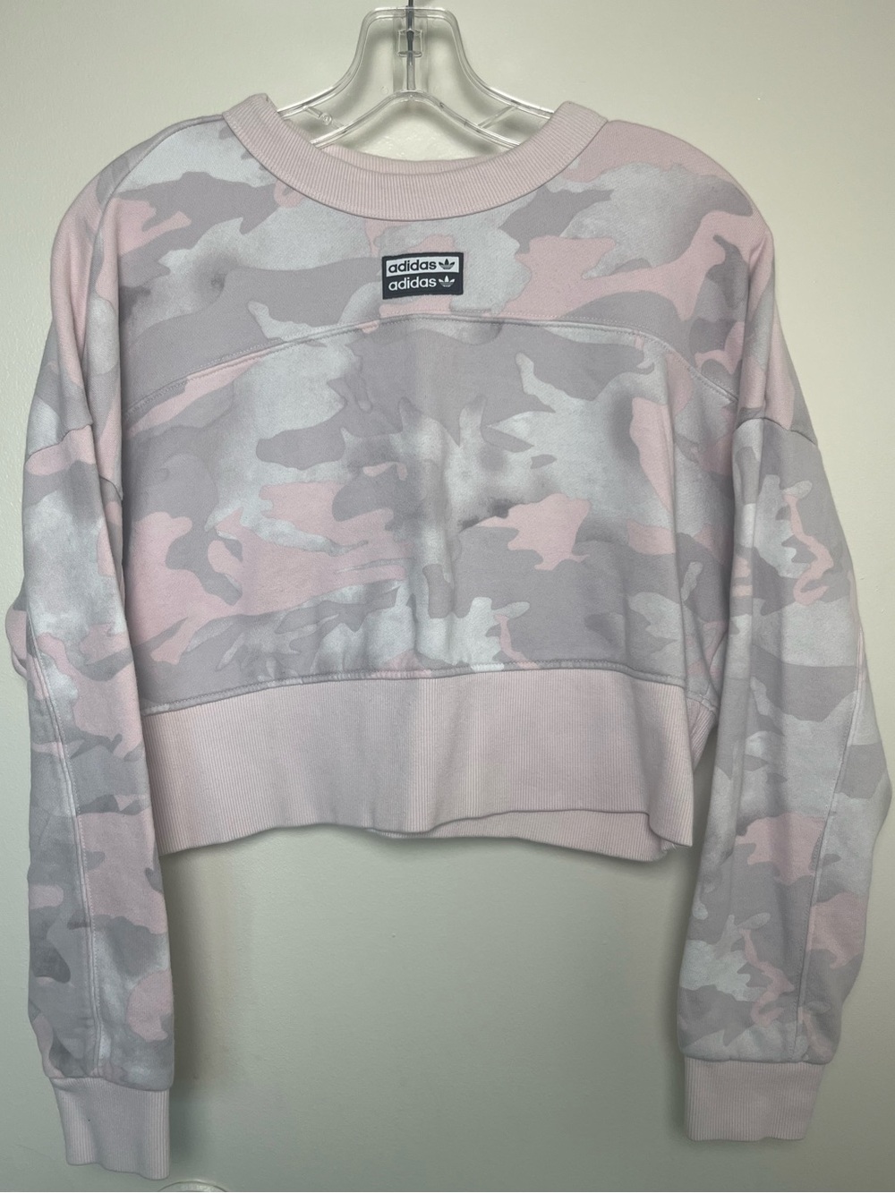 Women's Adidas Pink & Gray Camo Cropped Crewneck Sweatshirt